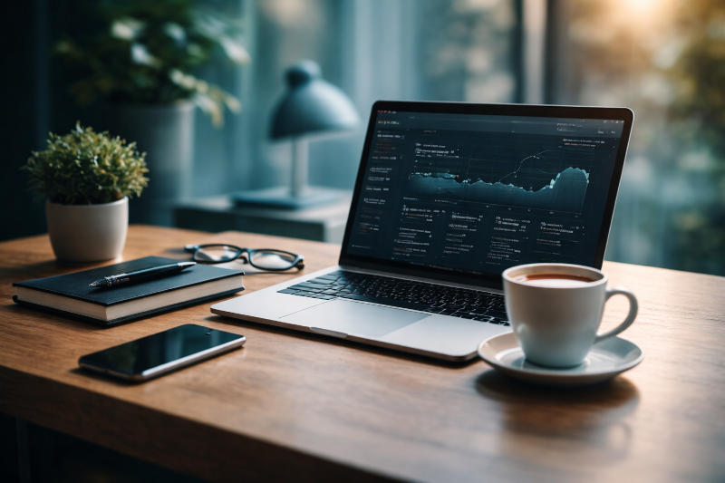 Desk setup with laptop and coffee